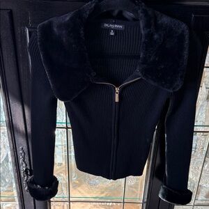 Black Zip up sweater with removable fur collar and cuffs